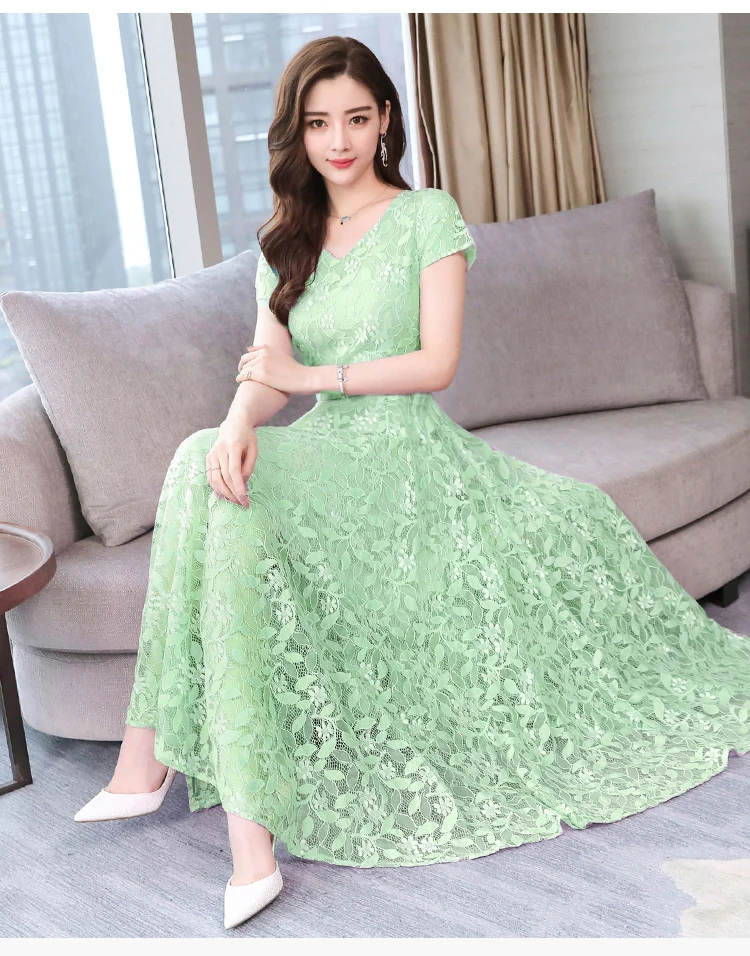 Elegant Sexy Lace Women Long Dress Summer new Casual Short Sleeve V-Neck Dress Solid color Hollow Out A-Line dress women's