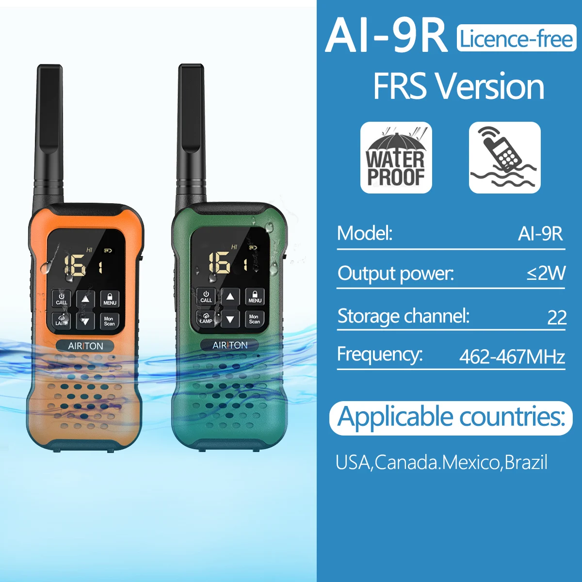 2Pcs Airiton AI-9R IP67 Floating Walkie Talkie Waterproof 30KM Long Range Powerful PMR/FRS Two way Radio Upgrade of UV-9r Plus long range walkie talkies 200 miles Walkie Talkie