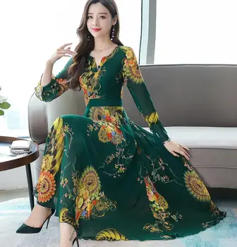 

2019 Autumn New Arrival Plus Size M-3XL Fashion V Collar Flare Sleeve Woman Chiffon Long Dress
