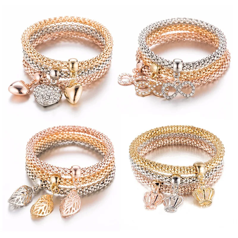 3 шт./компл. листья из кристаллов Корона шарма сердца Браслеты& Bangles, смесь цветов слона Совы Подвески Стразы Браслеты для Для женщин