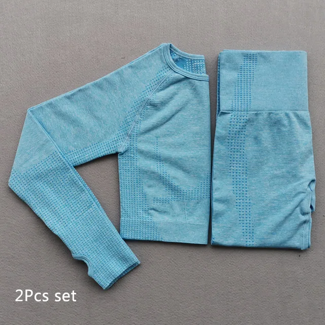 Light blue set Новые цвета, 2 шт., энергетический бесшовный комплект для йоги, Женский комплект для тренировок, спортивная одежда для фитнеса, одежда для женщин, леггинсы для тренажерного зала, спортивная одежда - Цвет: Light blue set