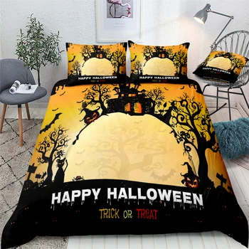 

Happy Halloween Duvet Cover Set Trick or Treat Quilt Cover Bedclothes Pillowcase Yellow Bedding Set King Size Bed Linen Set