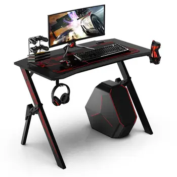 

43.3" Game Table Professional Internet Cafe Game Computer Table With Cable Management Box Cup Holder Headphone Hook & Mouse Pad