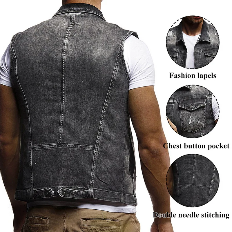 Men's Sleeveless Jeans Jacket Vest Coats Autumn Cowboy Waist Coat Denim Jeans Vest Hip Hop Streetwears Pocket Fashion Vest