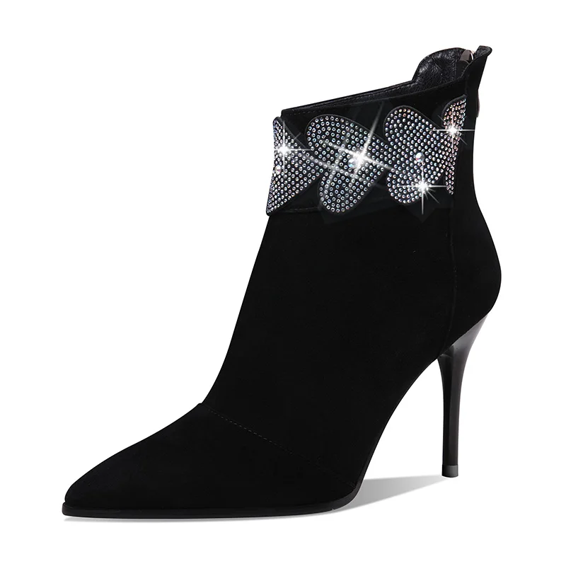 Сапоги зимние женские; женская обувь на высоком каблуке; женская обувь из замши 8,8 см; Цвет Черный; со стразами