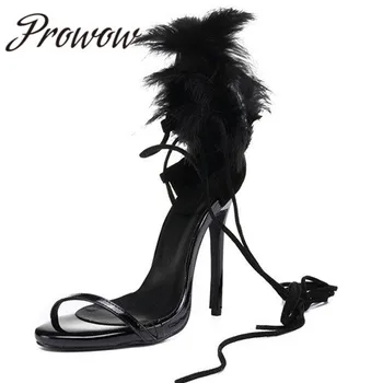 

Ollymurs Black Gladiator Lace Up Summer Sandals Open Toe Feather Thin HIgh Heel Sandals Shoes Ladies