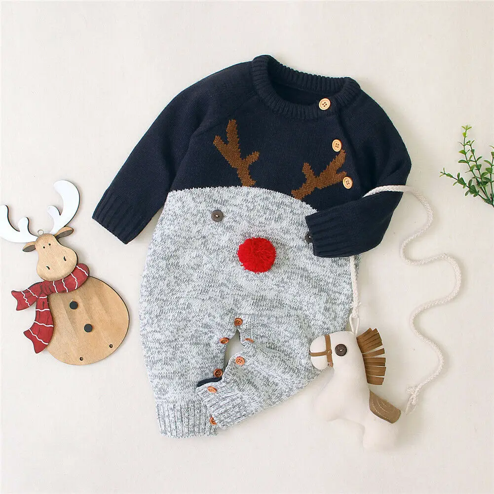 New Christmas Baby Boy Girl Long Sleeve Deer Knitting Romper Jumpsuit Playsuit Outfits Xmas Clothes