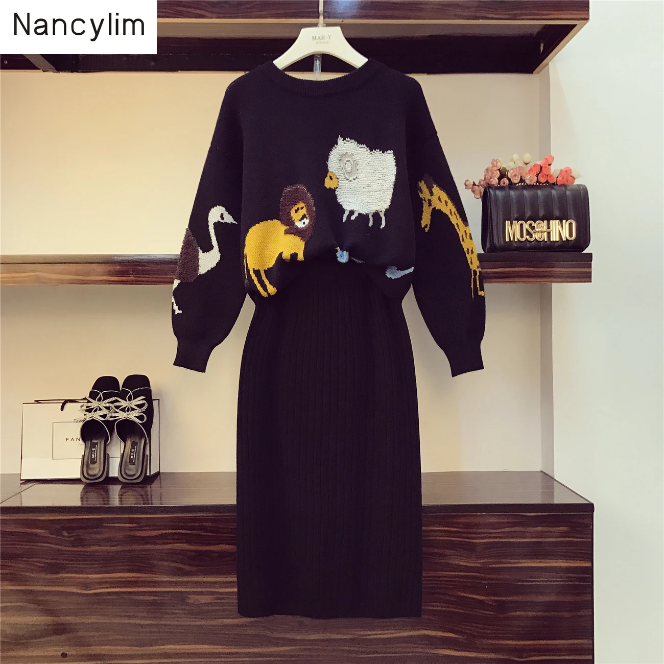 

New Zoo Jacquard Loose Knitted Sweater + Body Skirt Two-piece Suit Female Lady Autumn Skirts Set Outfits Two Piece Set Women