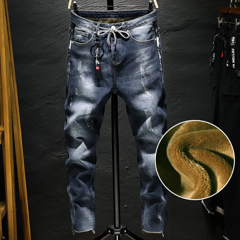 

Men Thicker Warm Winter Jeans Elastic Denim Jeans New Fashion Men Straight Fleece Warm Denim Jeans Heavyweight Jean Pants