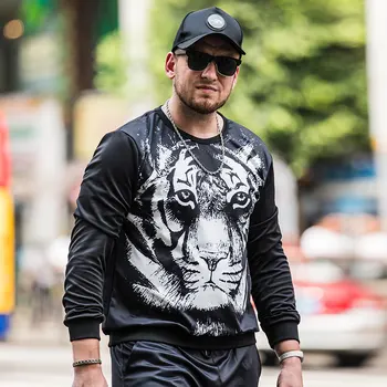 

Plus size Sweatshirt men's fat increase round neck loose hedging tiger head print long sleeve clothing