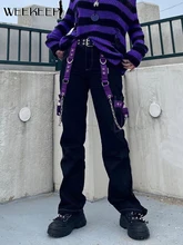 Weekeep Punk Purple Ribbon Alternative Jeans Women High Waist Streetwear Gothic Straight Denim Cargo Pants Y2k Grunge Mujer Jean