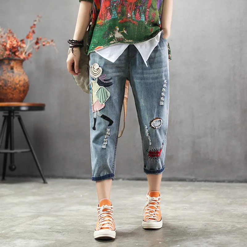 

2019 Autumn Woman Casual Cartoon Jeans Elastic Waist Denim Embroidery Trousers Vintage Harem Pants Female