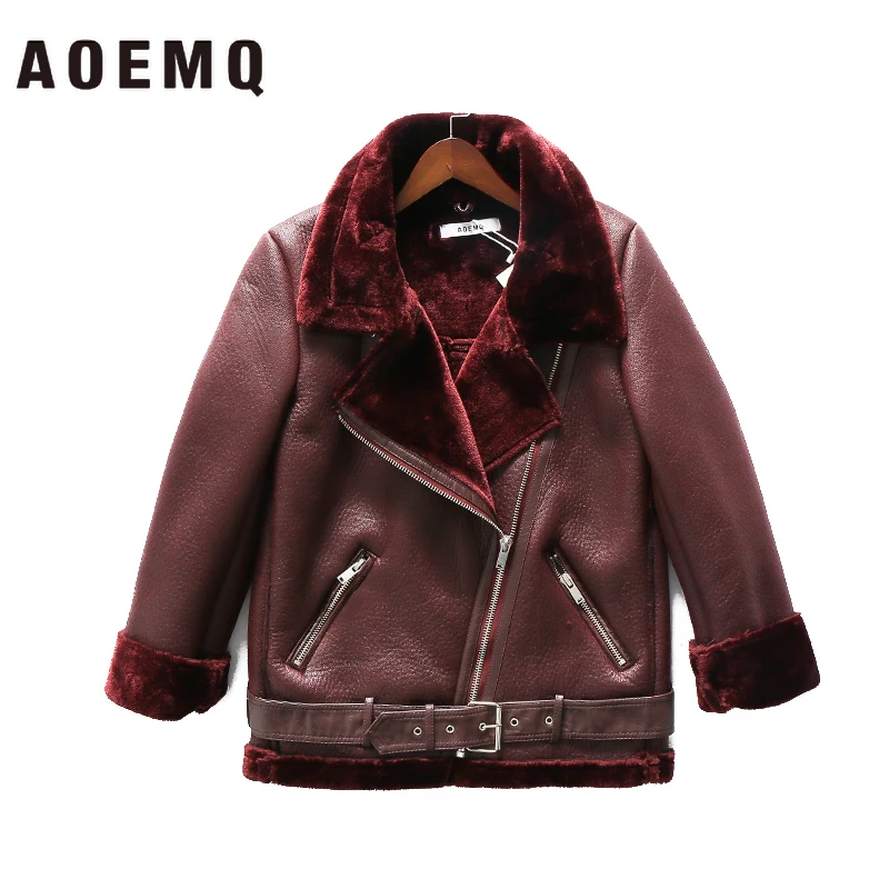 AOEMQ, Ретро стиль, новинка, с отворотом и бархатной подкладкой, меховое пальто, теплое, модное, из искусственной кожи, овечья шерсть, мотоциклетная одежда, куртка-бомбер