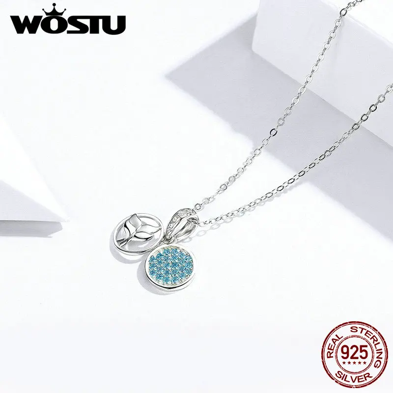 WOSTU Новинка Настоящее 925 пробы Серебряное ожерелье в виде рыбьего хвоста классическое голубое море CZ ожерелье модное ювелирное изделие подарок FIN343