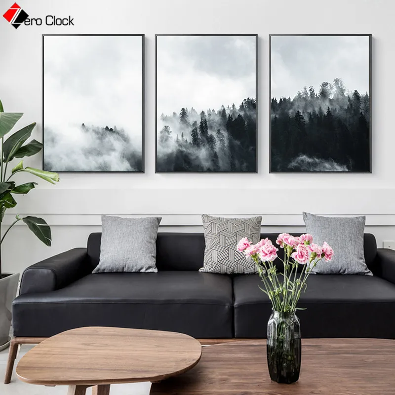 Landscape Canvas Paintings on The Wall Art Nature Poster Foggy Forest Print Black and White Nordic Pictures for Living Room | Дом и сад