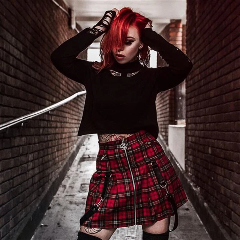 Instant Hot Halloween Gothic A Line of Saias For Zp Women Autumn Plissada Mini Exit Sexy Belt Suspender Solid Bottom