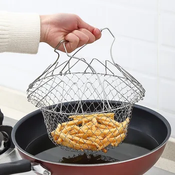 

Stainless Steel Strainers Folding French Fries Basket Household Oil Fried Mesh Basket Multi-functional Kitchen Tools Gadgets