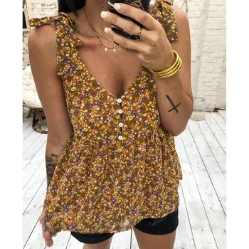 

Tops 2020 Sexy Button Women Sleeveless Summer Beach Dress Bohemian Spaghetti Strap Printed Dresses Boho Mini Dress