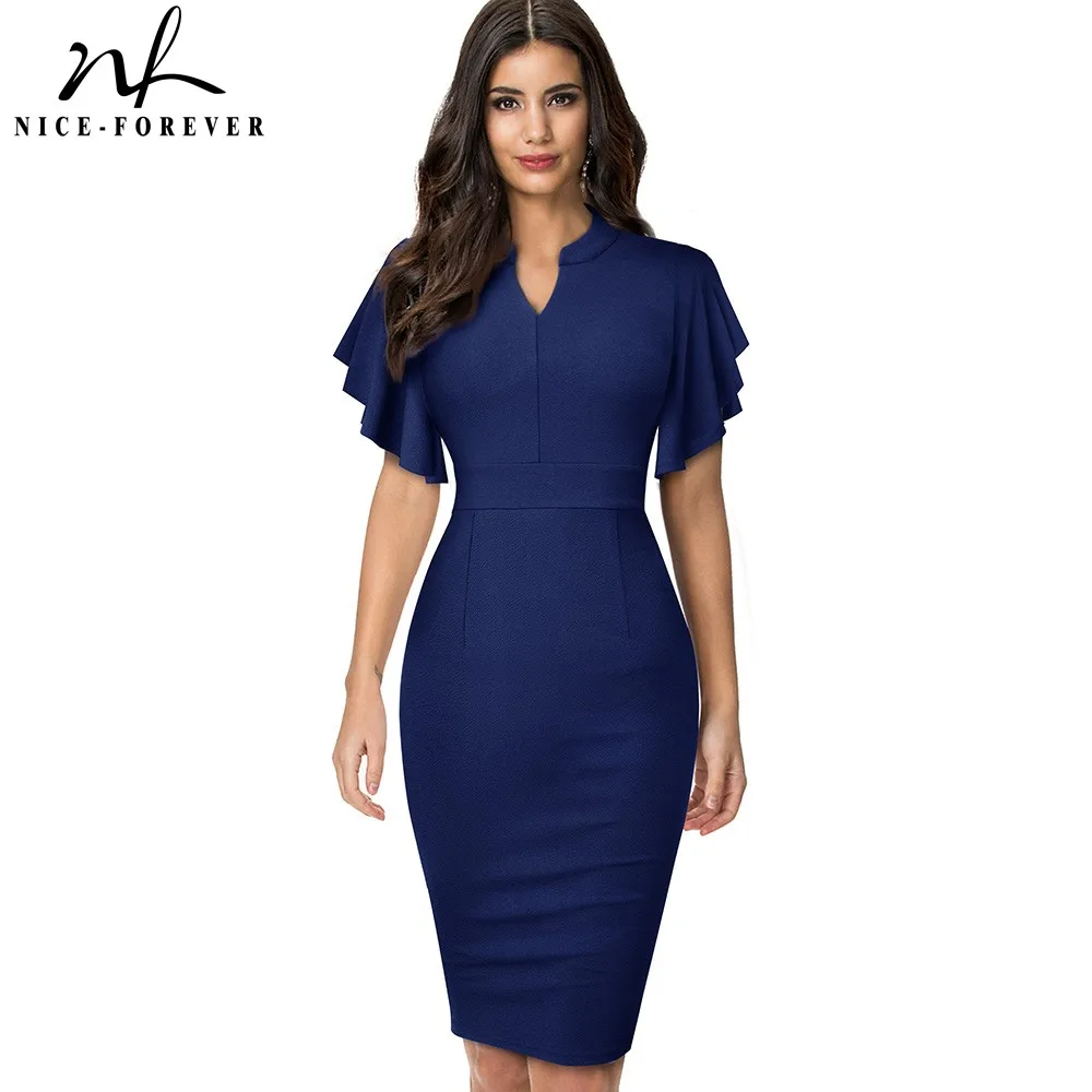 Best Offers Pencil-Dress Office-Work Bodycon Business-Party Vintage Elegant Ruffle Women Solid-Color QLXBOdVjr