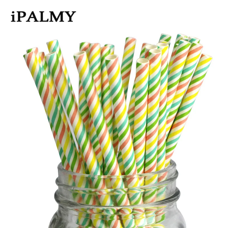 Ipalmay 100 шт. Эко-дружественных красочный леденцы свободного покроя в полоску цветов радуги Рождество Бумага соломинки для вечерние украшения для свадьбы дня рождения