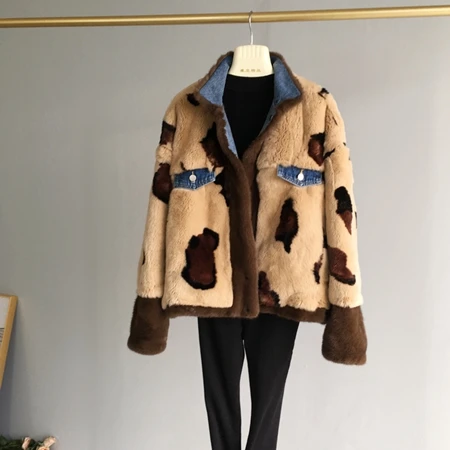 Leopard Print Натуральный мех норки женские пальто Зимняя мода натуральный настоящий мех кролика внутренняя куртка женская верхняя одежда деним - Color: Leopard Print