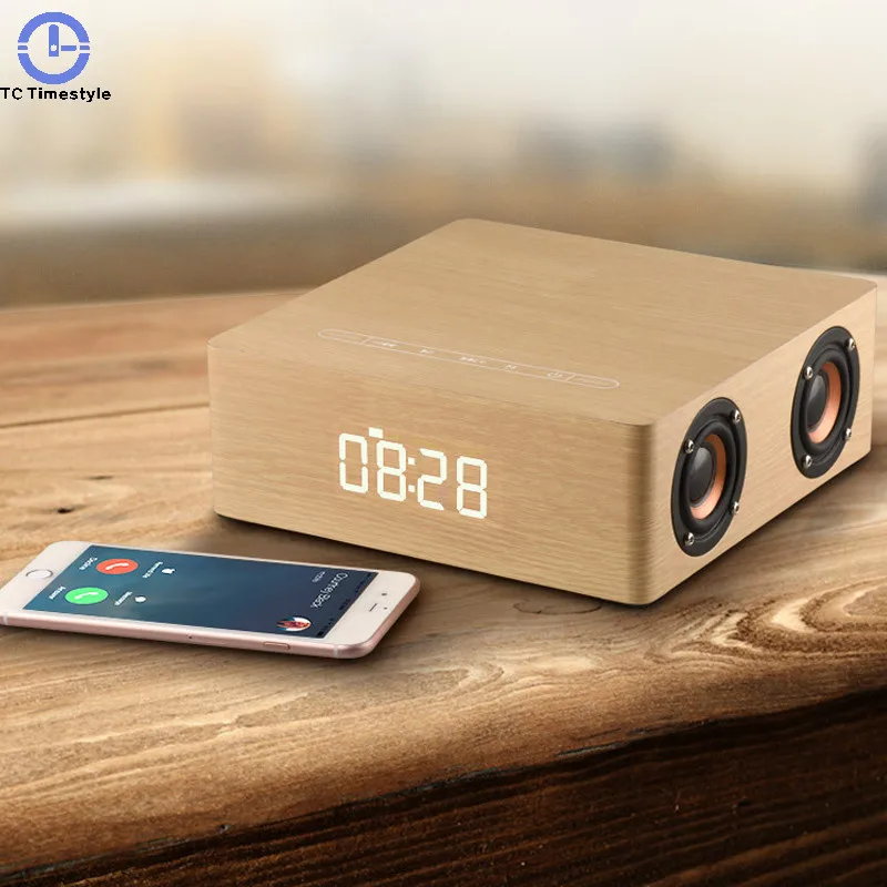 Alarm Clock Wooden Bluetooth Speaker Touch Clocks Subwoofer Bass