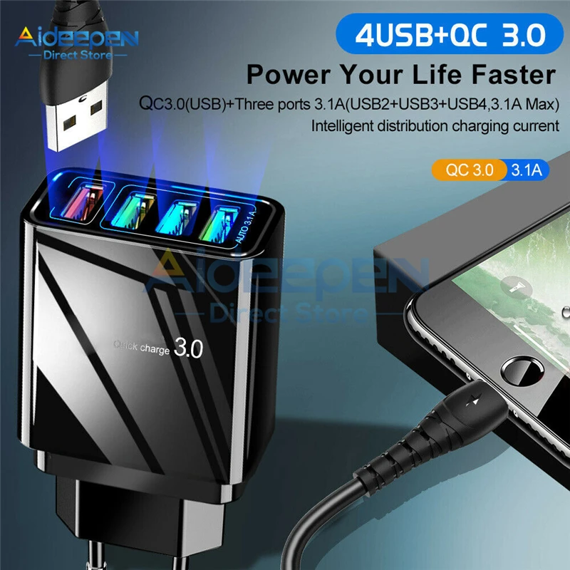 QC3.0 4 порта USB быстрое зарядное устройство 5 в 3 А мобильный телефон адаптер ЕС США