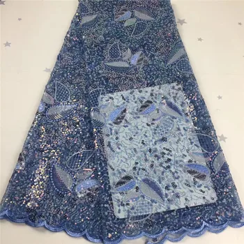 

Latest blue/gold/purple African Embroidery Tulle Lace Fabric 2020 High Quality French sequins Lace Fabric With Sequins 5 Yards