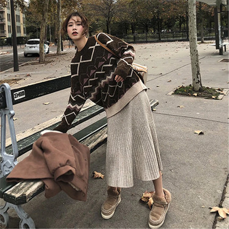 Женские осенние зимние юбки, вязаная теплая посылка, хип-хоп миди, элегантный минималистичный стиль, свободные женские юбки F031