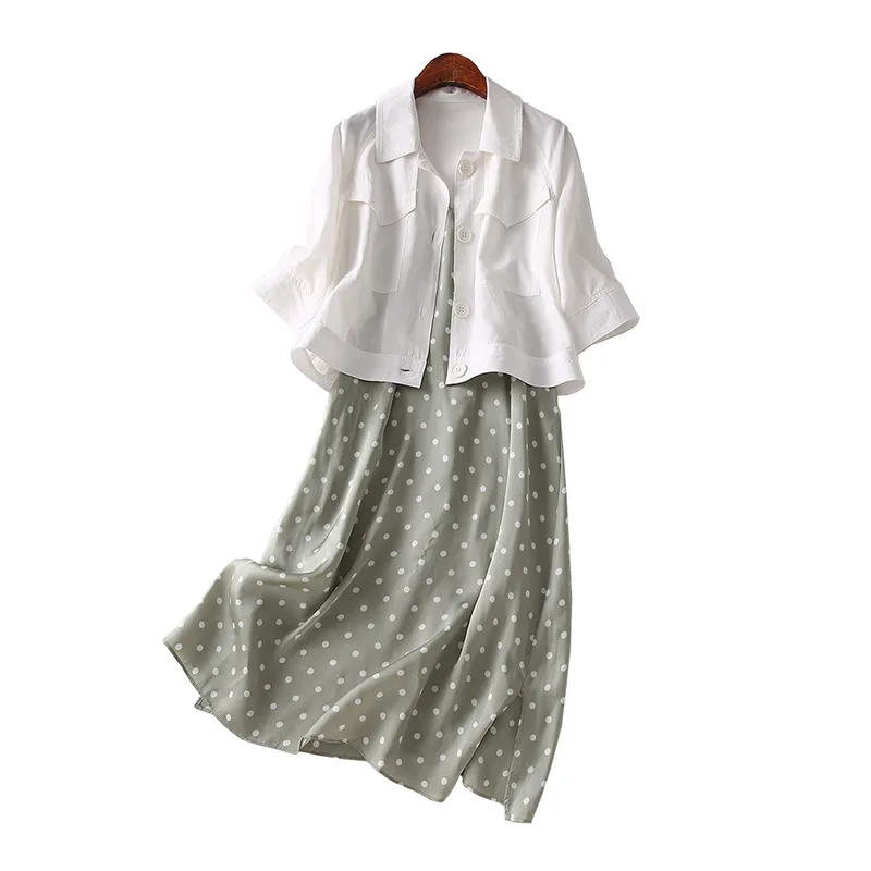 

A Generation of Solid Color Short Jacket Polka Dot Strapped Dress Two-Piece Women's Entity