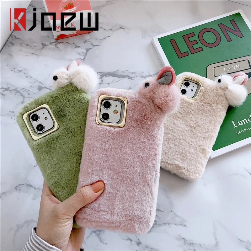 KJOEW 3D Rabbit Warm Furry Fluffy Phone Case For iPhone 11 Pro Max X XS XR Xs 6 6s 7 8 Plus Soft TPU Solid Color Cover Coque |