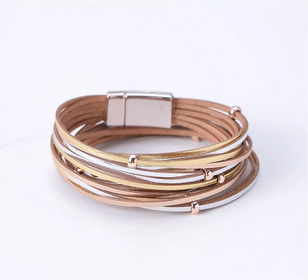 Модная женская дикая кожа Магнит пряжка двойной браслет Ретро Плетеный ремешок