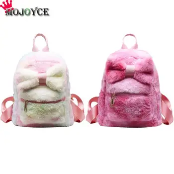 

Plush Women Backpack Student Kindergarten Bowknot Cute Schoolbags Mini Travel Children Fluffy Knapsack
