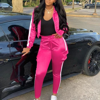 

Solid Patchwork Reflective Strip Casual Tracksuits Zipper Short Jacket Plus Size Women Clothes Suits Two Piece Sets Top+Pants