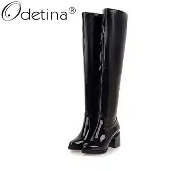 

Odetina Womens Patent Leather Over The Knee Boots Zip Up Blcok High Heel Sexy Clubwear Thigh High Boots Round Toe Plus Size 48