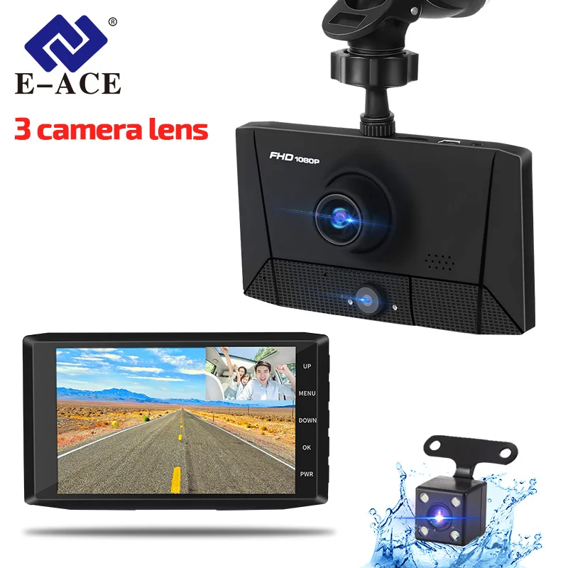 

E-ACE Car Dvr 4.0 Inch Dash Cam 3 Cameras Lens Auto Registrar FHD 1080P Video Recorder With Rear view Camera DVRs Dash Camera