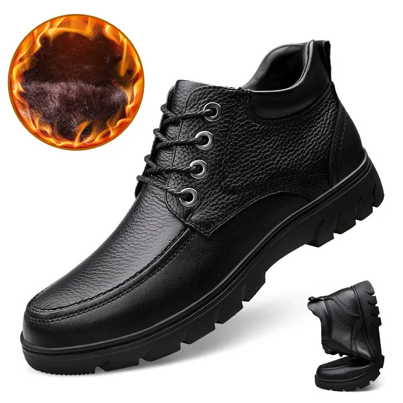 

MEN'S SHOES Genuine Leather Anti-slip Soft-Sole Short Boots Men's New Style Men Cotton-padded Shoes plus Velvet Warm Middle-aged