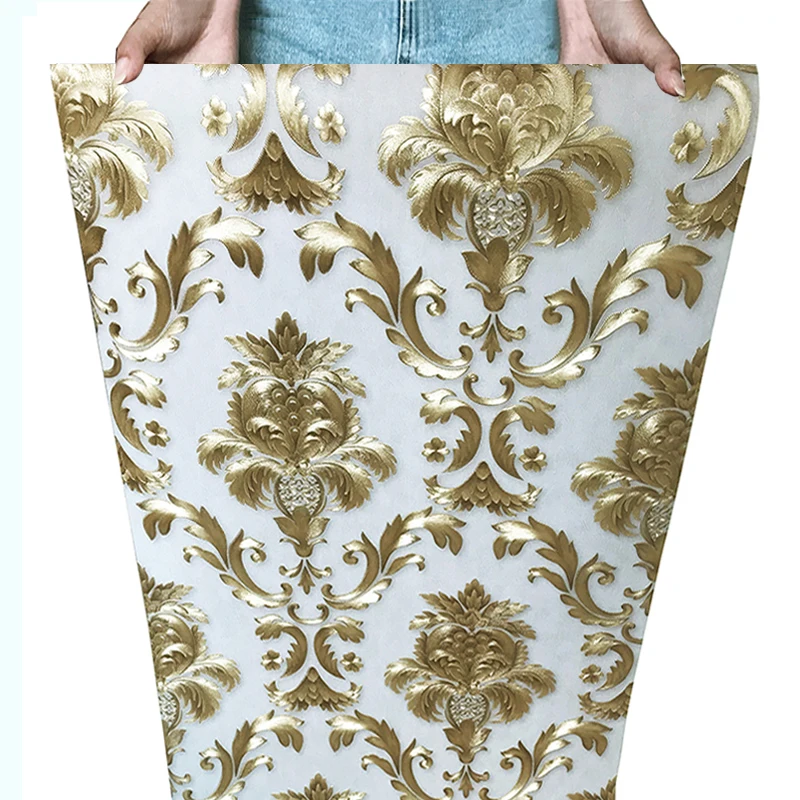 Papel de Parede Luxo em Estilo Europeu Rolo de Papel de Parede Dourado de Damasco para Sala de Estar tv Sofá Decoração da Casa em Pvc