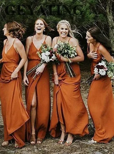 Boho оранжевые шифоновые длинные платья подружек невесты Спагетти ремни трапециевидной формы v-образным Вырезом С Боковым Разрезом Страна Свадебные платья