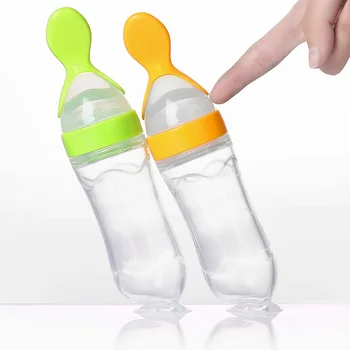

90ml Squeezing Infant Bottle with Sucker Feeding Silicone Training Kids Cutlery Baby Things Supplement Cereal Food Feeding Spoon