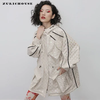 

ZURICHOUSE Drawstring Trench Coat Woman Long Fashion Multicolor Polka Dot Back Hollow Out Design Spring Hooded Windbreaker