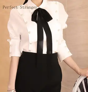 

2020 Autumn New Arrival High Quality Pink Doll Fashion Turn-down Collar Bowknot Gold Button Long Sleeve Woman Chiffon Blouse