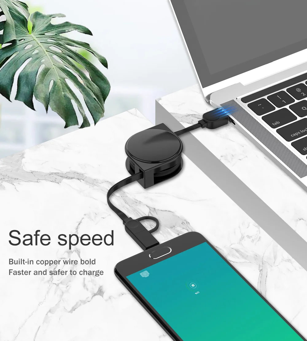 2 in 1 Micro USB+Type C Port Shrinking Cable for Samsung Xiaomi Huawei Retractable USB Charging Cable Portable USB C Data Cabo