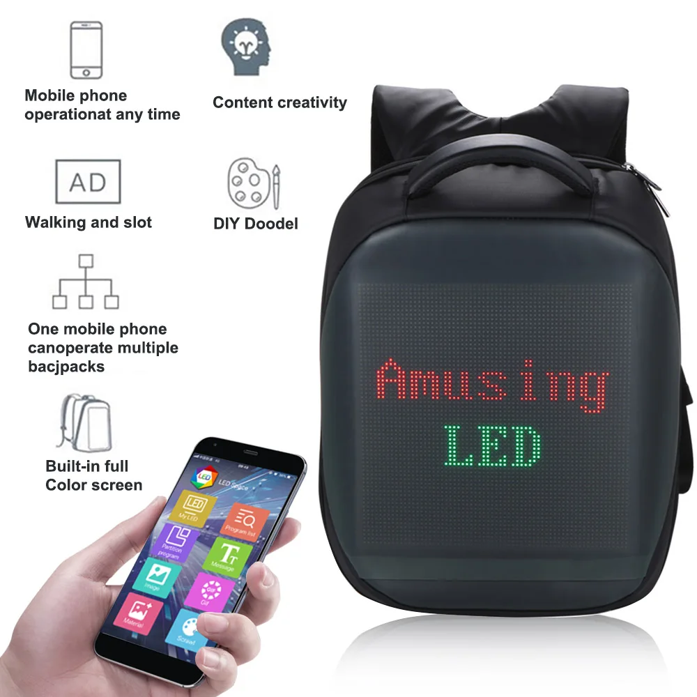 

Backpack Intelligent LEDs Fashion Laptop Backpack School Bag Mobile Remote Change Content Backpack with LEDs Screen