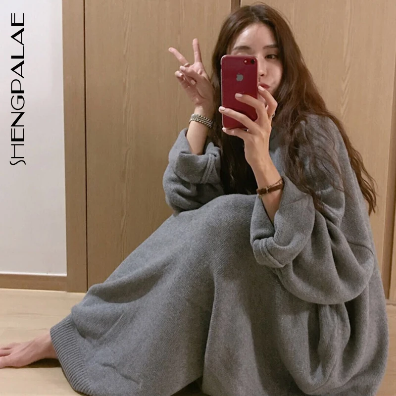 SHENGPALAE шикарный осенне зимний Универсальный сплошной цвет свободный Vestidos круглый