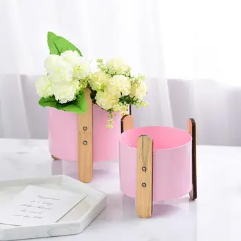 

Nordic Simple Wrought Iron Flower Pot with Wooden Frame Flower Plant Container Home Desktop Planter Decoration Garden Supplies