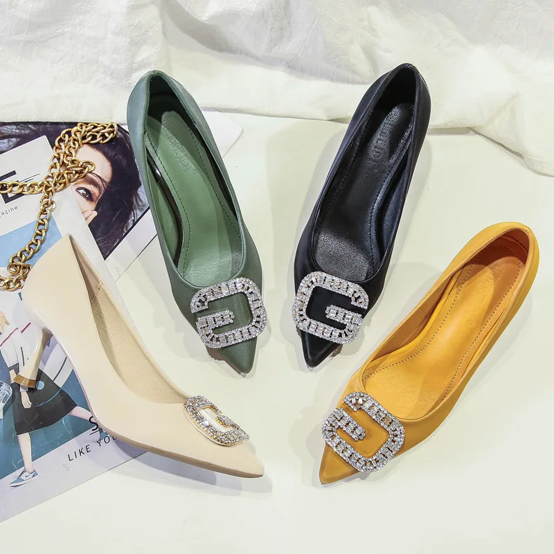 

Korean Rhinestones Buckle Womens Shoes Thin Heel High Heels Sexy Was Thin Shallow Mouth Pointed Single Shoes Elegant Party Pumps