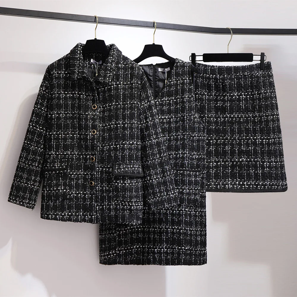 2XL ~ 6XL Winter 3 Pieces Coat Vest Skirt Women Suits Set Large Size Fashion Plaid Tweed Blazer Tops Dress Outfit B714 |