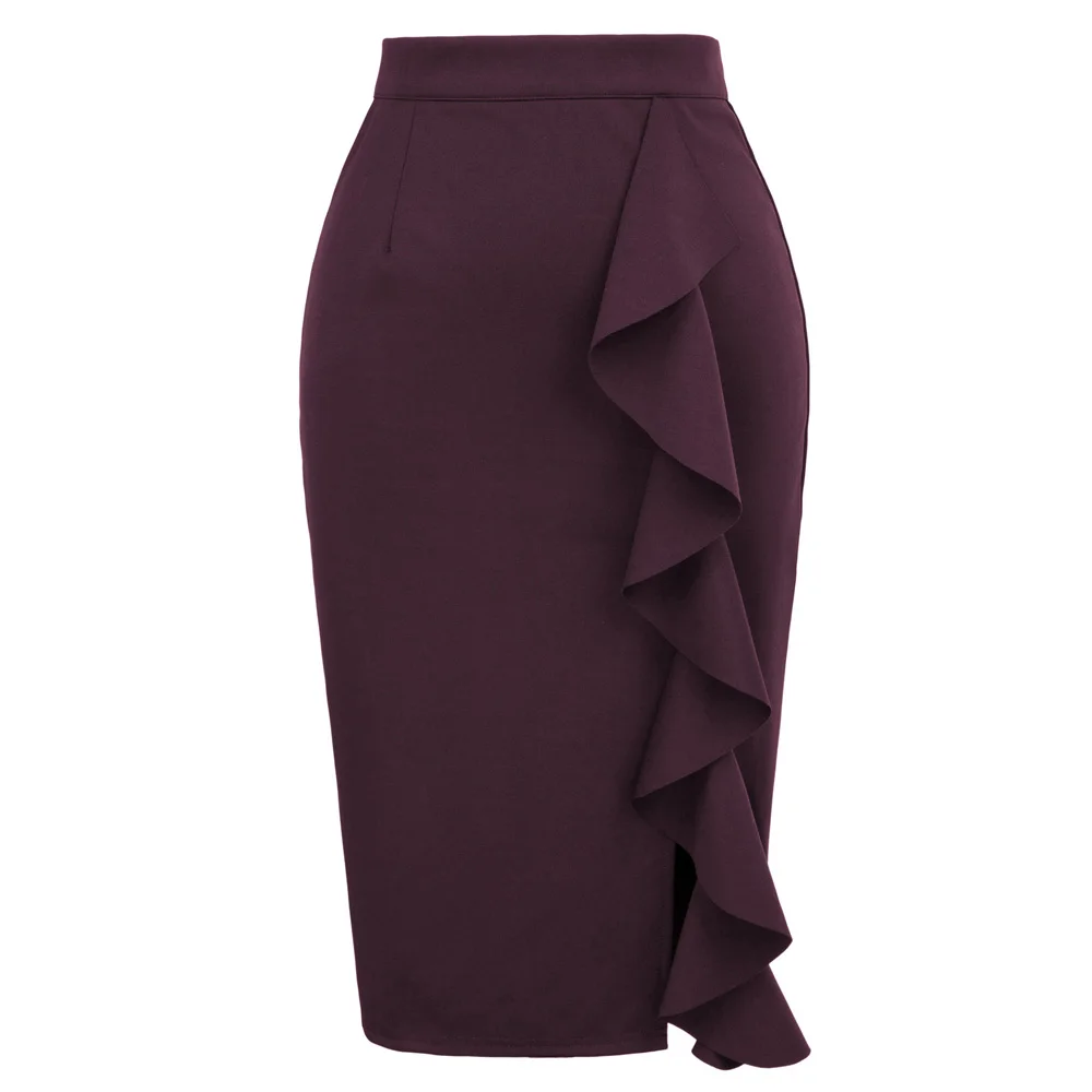 Purple Grace Karin женские, элегантные, Обтягивающие юбки и крупными складками Украшенные Разделение спереди бедра-завернутый юбка-карандаш женские одноцветные юбки - Color: Purple
