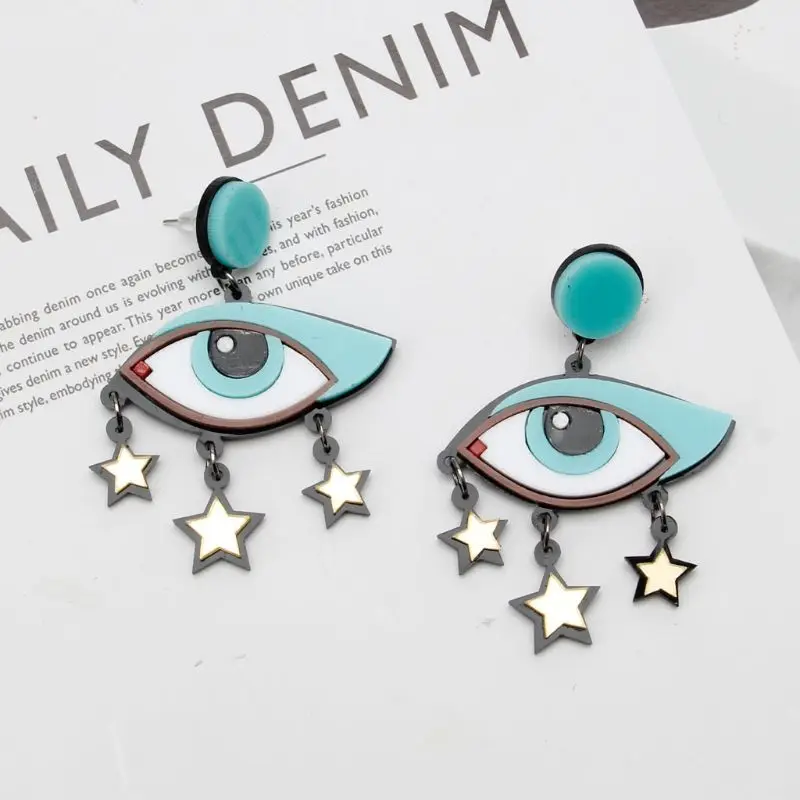 Women Acrylic Big Cartoon Evil Eyes Star Dangle Drop Earrings Fashion Jewelry